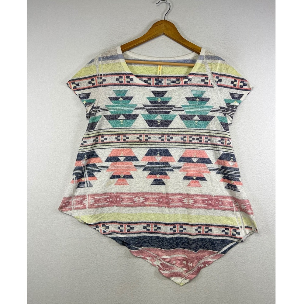Boho Aztec Orange Creek Womens Size L Multicolor Sharkbite Hem Geometric Top